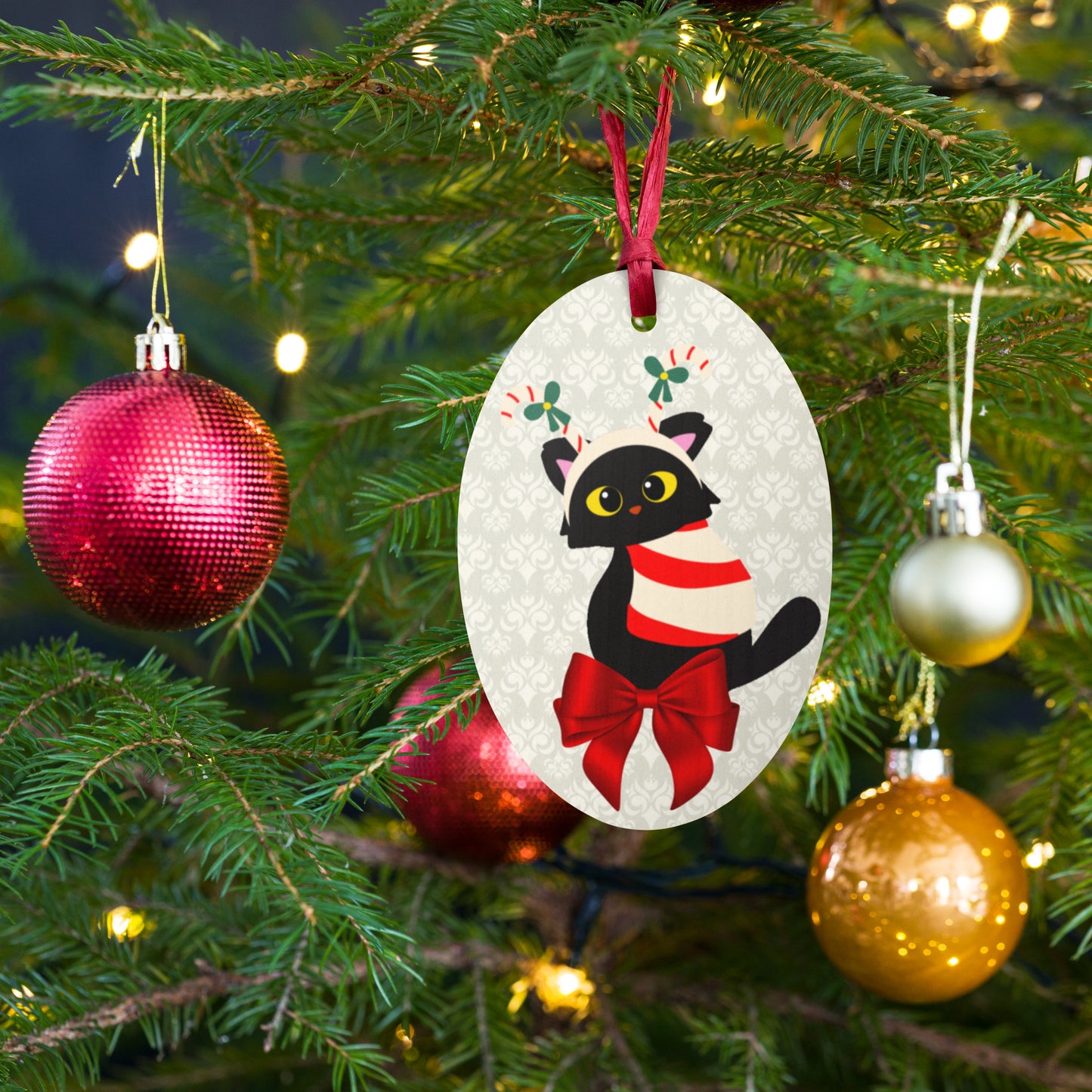 Candy Cane Kitty Wooden ornaments