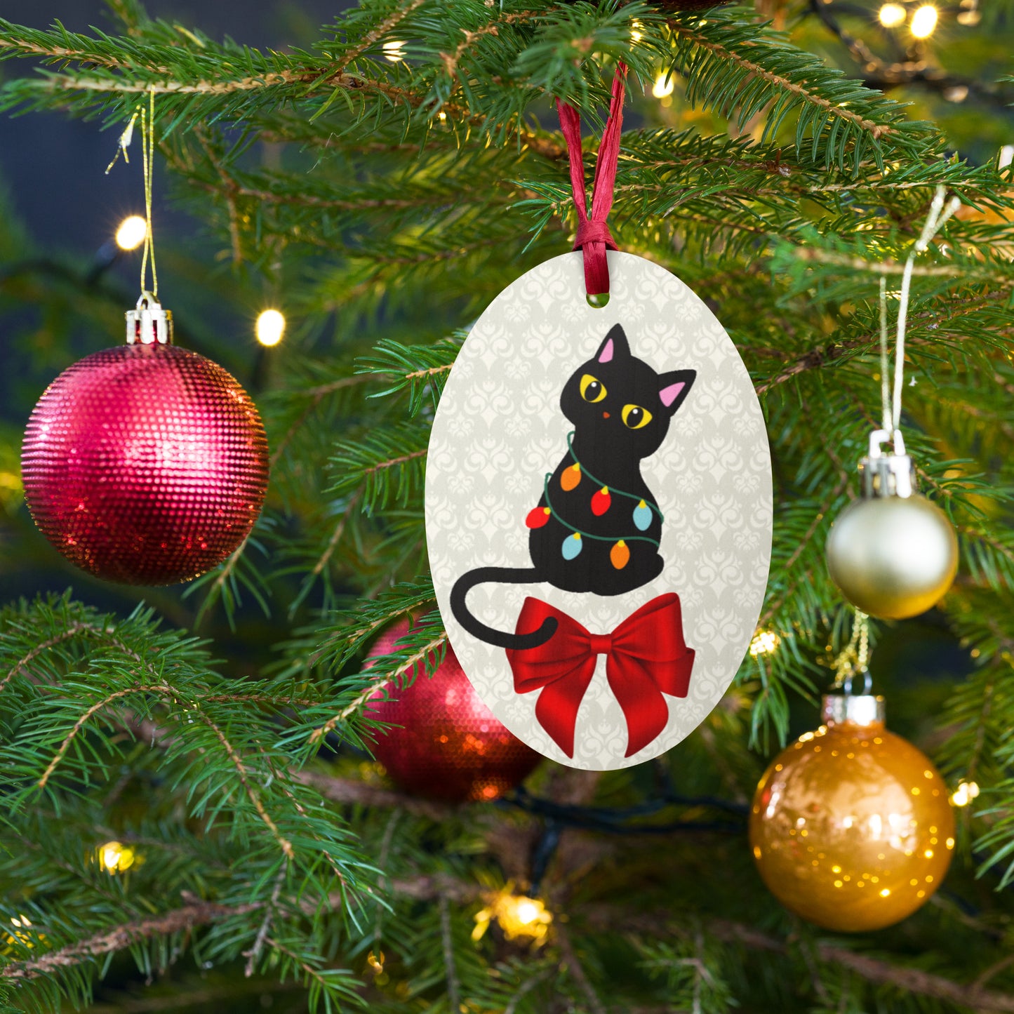 Christmas Lights Kitty Wooden ornaments